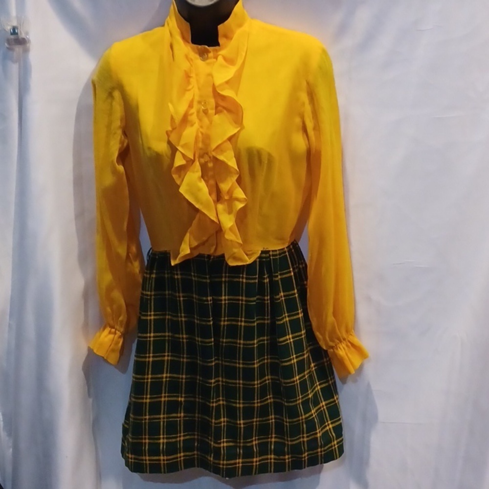 Vintage Countrywise Mini Dress, gold & green plaid